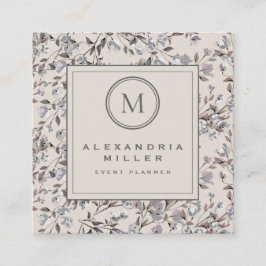 Beige Linen Elegant Floral | Monogram Vierkante Visitekaartje