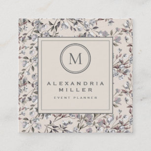 Beige Linen Elegant Floral   Monogram Vierkante Visitekaartje