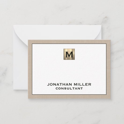 Beige Linen Gold Initiaal Monogram Notitiekaartje (Voorkant)