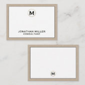 Beige Linen Gold Initiaal Monogram Notitiekaartje (Voorkant / Achterkant)