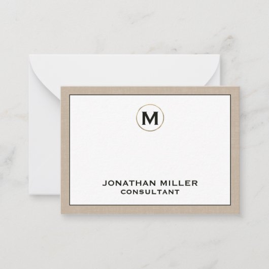 Beige Linen Gold Initiaal Monogram Notitiekaartje (Voorkant)