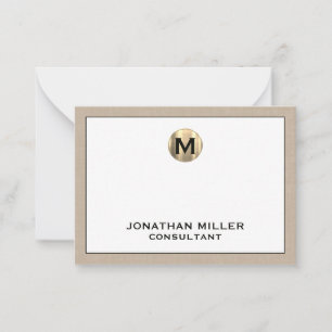 Beige Linen Gold Initiaal Monogram Notitiekaartje