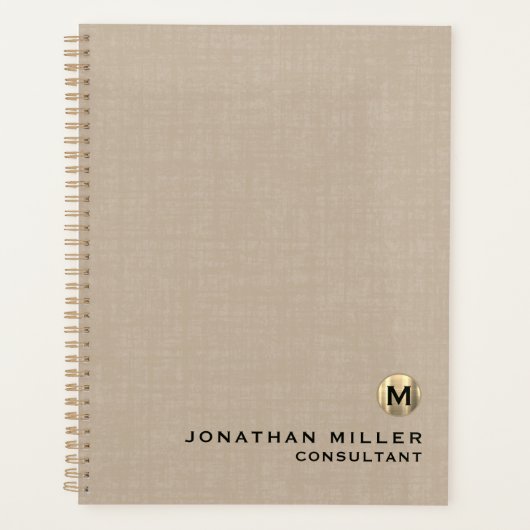 Beige Linen Gold Monogram Benoeming Book Planner (Voorkant)