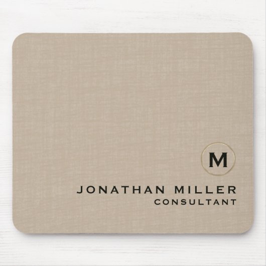 Beige Linen Gold Monogram Muismat (Voorkant)