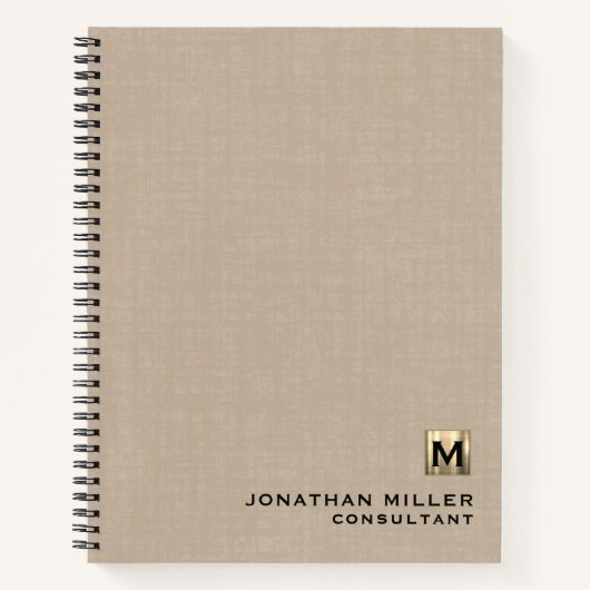 Beige Linen Gold Monogram Notitieboek (Voorkant)