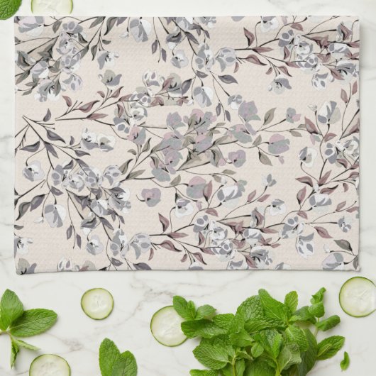 Beige Linen Gray Elegant Dainty Floral Pattern Theedoek (Gevouwen)