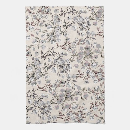 Beige Linen Gray Elegant Dainty Floral Pattern Theedoek (Verticaal)