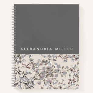 Beige Linen Gray Floral Gepersonaliseerde naam Notitieboek