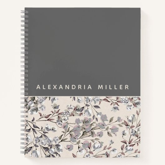 Beige Linen Gray Floral | Gepersonaliseerde naam Notitieboek (Voorkant)