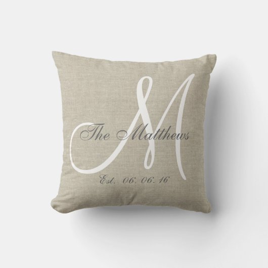 Beige Linen Gray White Monogram Family Keepomwille Kussen (Voorkant)