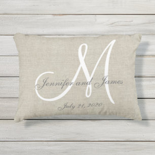 Beige Linen Gray White Monogram Wedding Keepslag Buitenkussen
