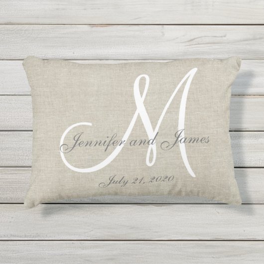 Beige Linen Gray White Monogram Wedding Keepslag Buitenkussen (Voorkant)