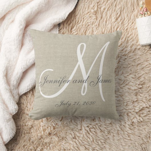 Beige Linen Gray White Monogram Wedding Keepslag Kussen (Deken)