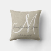 Beige Linen Gray White Monogram Wedding Keepslag Kussen (Achterkant)
