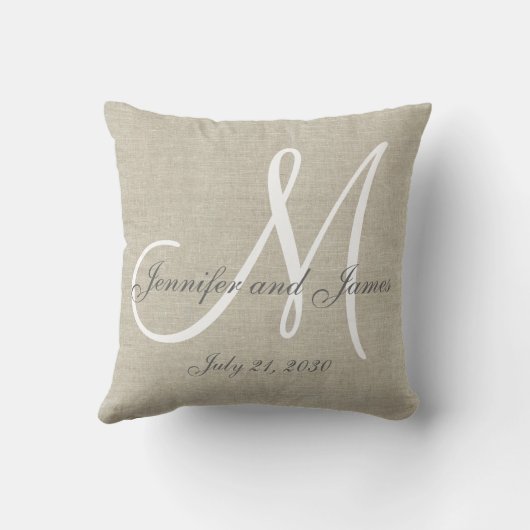 Beige Linen Gray White Monogram Wedding Keepslag Kussen (Achterkant)
