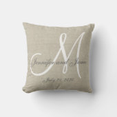 Beige Linen Gray White Monogram Wedding Keepslag Kussen (Voorkant)
