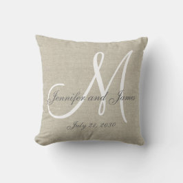 Beige Linen Gray White Monogram Wedding Keepslag Kussen