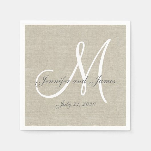Beige Linen Gray White Monogram Wedding Keepslag Servet (Voorkant)