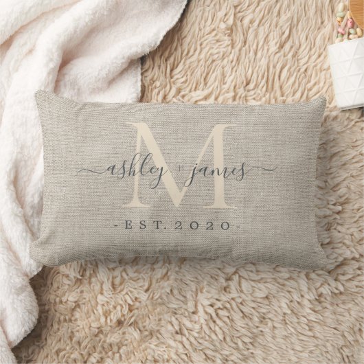 Beige Linen Ivory Monogram Script Weddenschap Kussen (Deken)