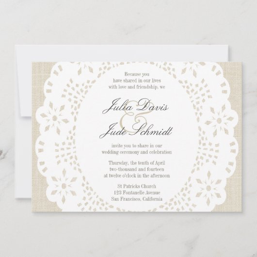 Beige linen & Lace Doilie : Uitnodiging (Voorkant)