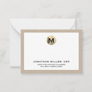 Beige Linen Luxury Gold Initiaal Logo Notitiekaartje