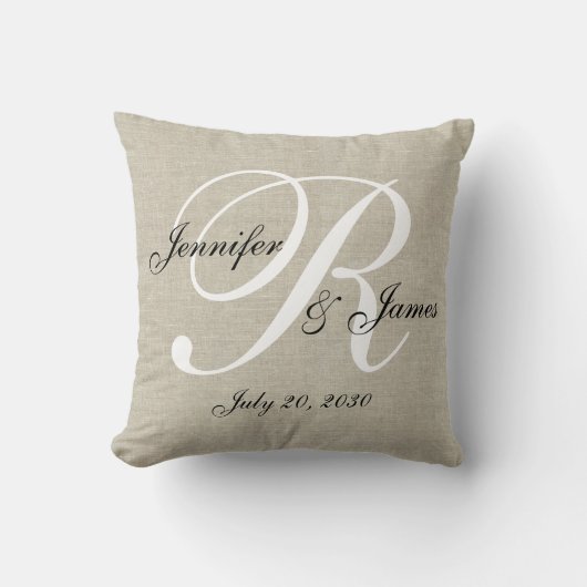 Beige Linen Monogram Pas getrouwd Wedding Keepomwi Kussen (Voorkant)