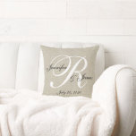 Beige Linen Monogram Pas getrouwd Wedding Keepomwi Kussen<br><div class="desc">Gepersonaliseerde beige, zwarte en witte monogrammed kussen met bruid- en bruidenamen en trouwdatum in een ontwerp van de de bekleding van de manuscriptdoopvont op een PRINTED beige achtergrond van het linnenfotoeffect. Elke Clarke© voor MonogramGallery bij Zazzle. Maakt een groot geschenk voor nieuwe weds. Geweldige trendy, elegante accessoire voor je slaapkamer,...</div>