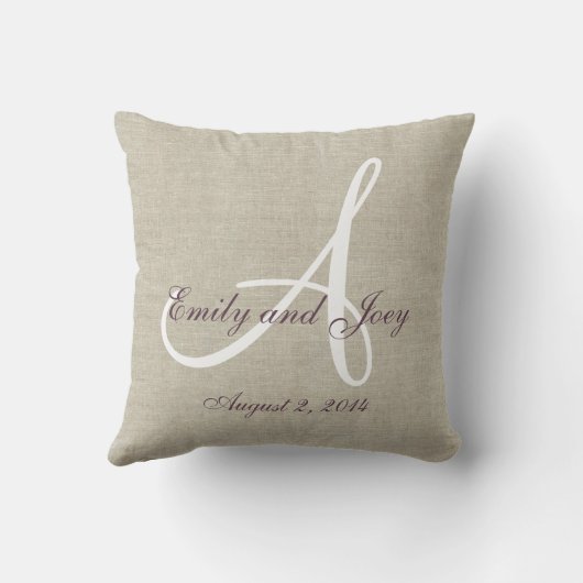 Beige Linen Paarse White Monogram Wedding Keepslag Kussen (Achterkant)