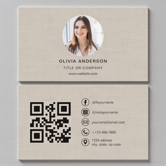 Beige Linen Photo with QR Code Social Media Visitekaartje