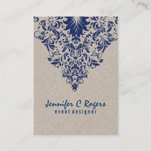 Beige Linen Royal Blue Floral Event Designer Visitekaartje (Voorkant)