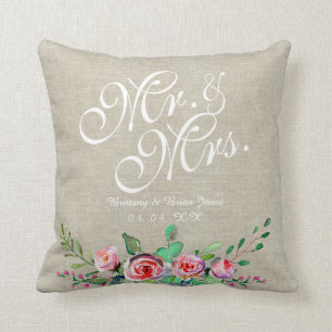 Beige Linen Rustic Floral de heer Mrs Wedding Kussen