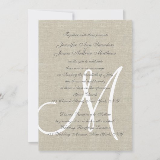Beige Linen Rustic Wedding Invitation Kaart (Achterkant)