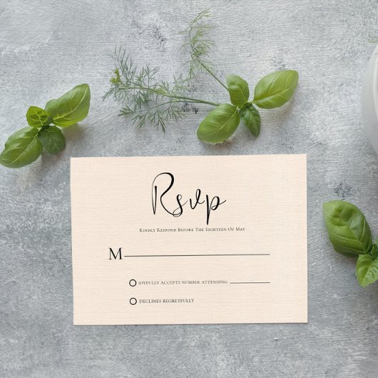 Beige linen Simple Black Script RSVP-kaart Kaart
