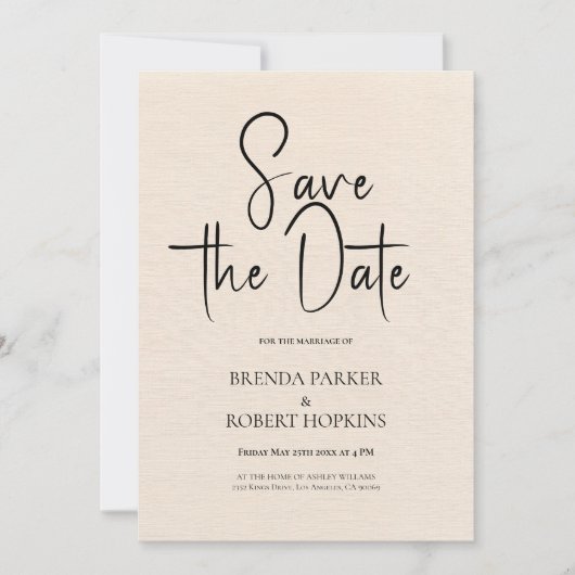 Beige linen Simple Black Script Save the Date Kaart (Voorkant)