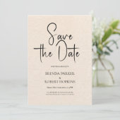 Beige linen Simple Black Script Save the Date Kaart (Staand voorkant)