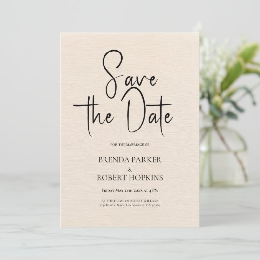 Beige linen Simple Black Script Save the Date Kaart (Staand voorkant)