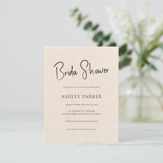 Beige Linen Simple Black Script-Vrijgezellenfeest Kaart (Staand voorkant)