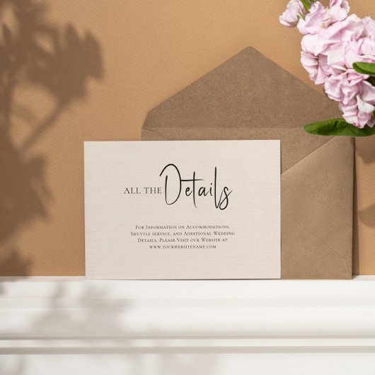 Beige linen Simple Black Script Weddenschap Detail Kaart