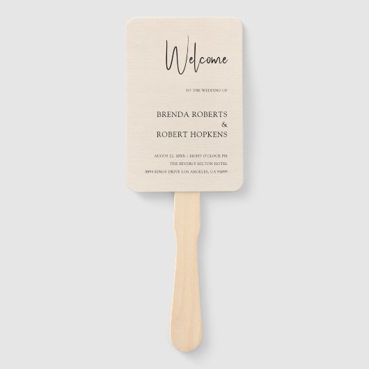 Beige Linen Simple Black Script Weddenschap Hand F Handwaaier (Voorkant)