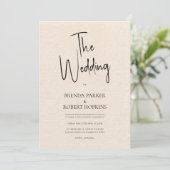 Beige linen Simple Black Script Wedding Invite Kaart (Staand voorkant)