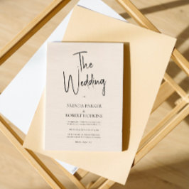 Beige linen Simple Black Script Wedding Invite Kaart