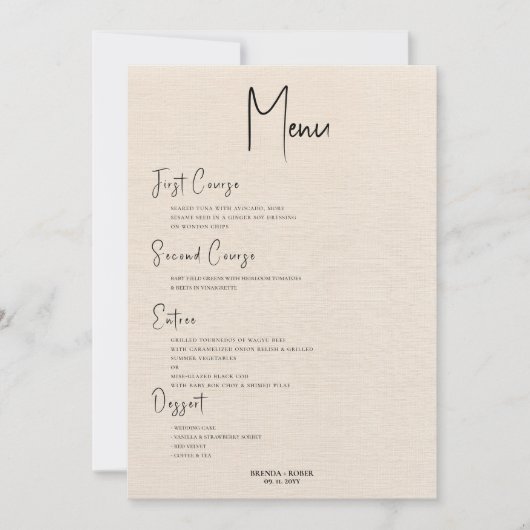 Beige linen Simple Black Script Wedding Menu Kaart (Voorkant)