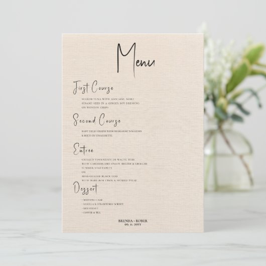Beige linen Simple Black Script Wedding Menu Kaart (Staand voorkant)