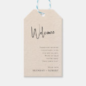 Beige linen Simple Script Welcome Wedding Gift Lab Cadeaulabel (Voorkant)