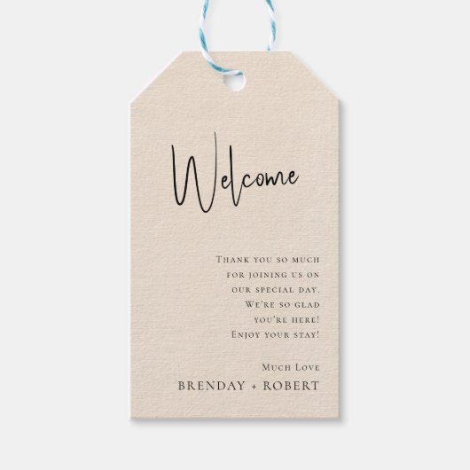Beige linen Simple Script Welcome Wedding Gift Lab Cadeaulabel (Voorkant)