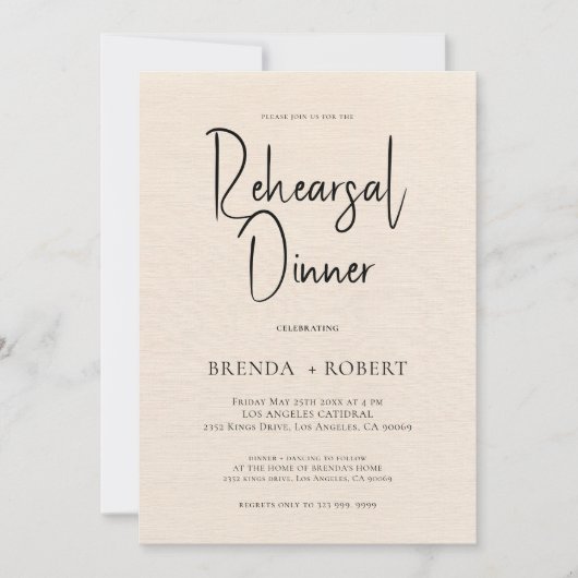 Beige linen Simple White Script Rehearsal Dinner Kaart (Voorkant)