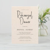 Beige linen Simple White Script Rehearsal Dinner Kaart (Staand voorkant)