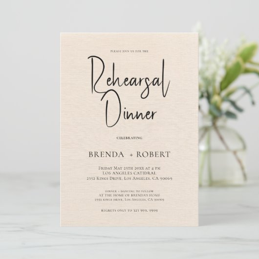 Beige linen Simple White Script Rehearsal Dinner Kaart (Staand voorkant)