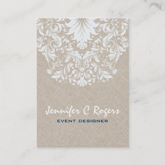 Beige Linen White Floral Lace Event Designer Visitekaartje (Voorkant)