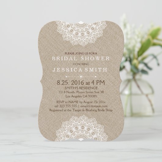 Beige Linen White Lace Vrijgezellenfeest Invite Kaart (Staand voorkant)